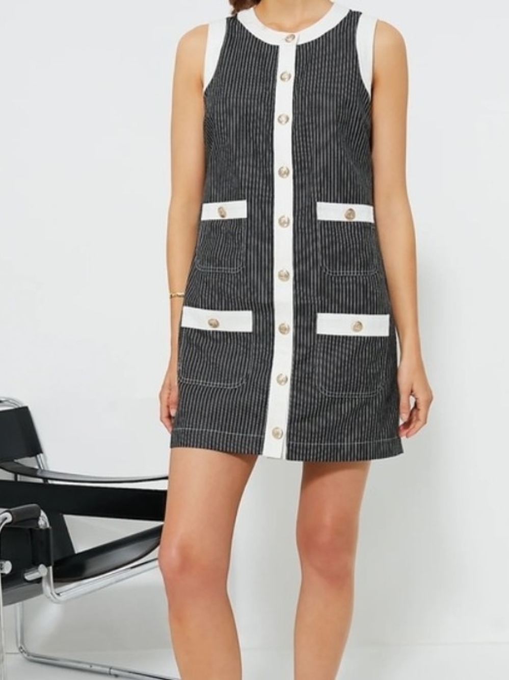 Pomander Place Black Pinstripe Sleeveless Shift Dress with White Trim, XS,  NWOT